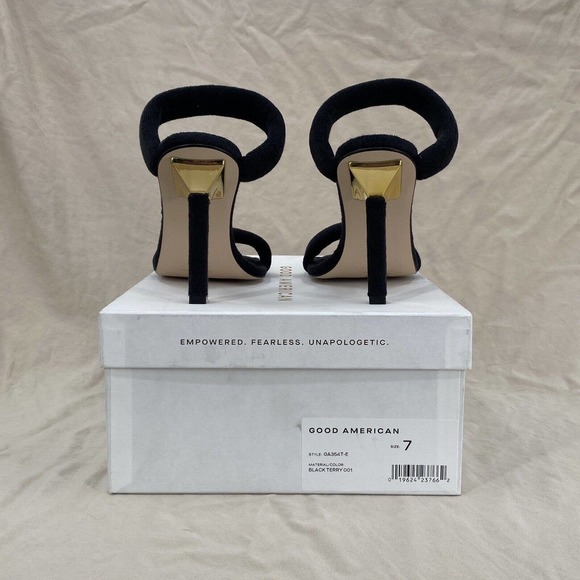 Good American High Heels Women's 7 Black Terry Square Toe Sandals Stiletto Gold - Picture 4 of 8